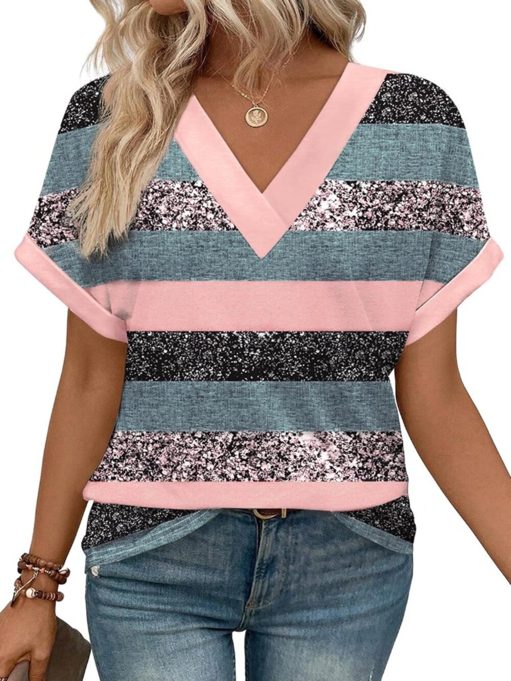 Women's Striped Pink Blue Short Dolmen Sleeve V Neck Outfits Clothes Top T Shirt